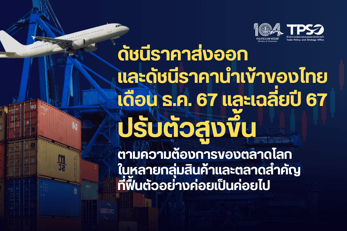 <p><strong>ดาวน์โหลดข้อมูลฉบับเต็ม:</strong>&nbsp;<a href="https://uploads.tpso.go.th/ดัชนีราคาส่งออก-นำเข้า เดือน ธ.ค.67.pdf" target="_blank">ดัชนีราคาส่งออก-นำเข้า เดือน ธ.ค.67.pdf</a></p>

<p>&nbsp; &nbsp; &nbsp; &nbsp; &nbsp;นายพูนพงษ์ นัยนาภากรณ์ ผู้อำนวยการสำนักงานนโยบายและยุทธศาสตร์การค้า (สนค.) โฆษกกระทรวงพาณิชย์ เผยว่า <strong>ดัชนีราคาส่งออก และดัชนีราคานำเข้าของไทย เดือนธันวาคม 2567 เมื่อเทียบกับเดือนเดียวกันของปีก่อน และเฉลี่ยทั้งปี 2567 ยังคงปรับตัวสูงขึ้น ตามความต้องการของตลาดในหลายกลุ่มสินค้าและตลาดสำคัญที่ฟื้นตัวอย่างค่อยเป็นค่อยไป</strong> อย่างไรก็ตาม ความไม่แน่นอนของสถานการณ์เศรษฐกิจโลก ปัญหาภูมิรัฐศาสตร์ที่ยืดเยื้อในหลายภูมิภาค มาตรการกีดกันทางการค้า แนวโน้มราคาพลังงานและวัตถุดิบที่สูงขึ้น ความผันผวนของค่าเงินบาท และการแข่งขันทางการค้าที่สูงขึ้น อาจเป็นปัจจัยเสี่ยงต่อการขยายตัวทางด้านราคาของไทยในระยะข้างหน้า แต่ภาพรวมดัชนีราคาส่งออกและดัชนีราคานำเข้าของไทยปัจจุบันยังขยายตัวได้ต่อเนื่อง โดยมีรายละเอียด ดังนี้&nbsp;</p>

<p>&nbsp; &nbsp; &nbsp; &nbsp; &nbsp;<strong>ดัชนีราคาส่งออก เดือนธันวาคม 2567 เท่ากับ 110.8 เมื่อเทียบกับเดือนธันวาคม 2566 สูงขึ้นร้อยละ 1.2 (YoY) เป็นผลจากการสูงขึ้นของทุกหมวดสินค้า ประกอบด้วย หมวดสินค้าอุตสาหกรรม สูงขึ้นร้อยละ 1.4</strong> &nbsp;ได้แก่ เครื่องเล็กทรอนิกส์ เครื่องใช้ไฟฟ้า และทองคำ ตามแนวโน้มความต้องการสินค้าในตลาดโลกที่ขยายตัวต่อเนื่อง&nbsp;<strong>หมวดสินค้าแร่และเชื้อเพลิง</strong> <strong>กลับมาสูงขึ้นร้อยละ 1.3</strong> จากน้ำมันสำเร็จรูป ตามทิศทางราคาน้ำมันตลาดโลกที่ปรับตัวสูงขึ้น <strong>หมวดสินค้าอุตสาหกรรมการเกษตร</strong> <strong>สูงขึ้นร้อยละ 0.9</strong> ได้แก่ อาหารสัตว์เลี้ยง ตามความนิยมสัตว์เลี้ยงทั่วโลกที่เพิ่มขึ้น และอาหารทะเลกระป๋องและแปรรูป เนื่องจากมาตรฐานและคุณภาพการผลิตเป็นที่ยอมรับของตลาดโลก และ<strong>หมวดสินค้าเกษตรกรรม</strong> <strong>สูงขึ้นร้อยละ 0.1</strong> &nbsp;ได้แก่ ยางพารา ตามปริมาณผลผลิตลดลงจากปัญหาน้ำท่วมในภาคใต้ และผลไม้สดแช่เย็น แช่แข็ง และแห้ง ขยายตัวตามความต้องการบริโภคผลไม้จากจีน และ<strong>เฉลี่ยทั้งปี 2567 ขยายตัวร้อยละ 1.4 (AoA) เป็นการขยายตัวต่อเนื่องตลอดทั้งปี และปรับตัวดีขึ้นเมื่อเทียบกับปี 2566 ที่ขยายตัวเฉลี่ยร้อยละ 1.1 </strong>โดยเป็นการขยายตัวได้ดีเกือบทุกหมวดสินค้า ยกเว้นหมวดสินค้าเชื้อเพลิง เนื่องจากอุปสงค์น้ำมันโลกยังอยู่ในระดับต่ำ จากเศรษฐกิจโลกที่มีแนวโน้มฟื้นตัวช้า</p>

<p>&nbsp; &nbsp; &nbsp; &nbsp; &nbsp;<strong>ดัชนีราคานำเข้า เดือนธันวาคม 2567 เท่ากับ 112.9 เมื่อเทียบกับเดือนธันวาคม 2566 สูงขึ้นร้อยละ 2.5 (YoY) เป็นผลจากการสูงขึ้นของราคาในเกือบทุกหมวดสินค้า</strong> <strong>ประกอบด้วย หมวดสินค้าอุปโภคบริโภค สูงขึ้นร้อยละ 7.5</strong> ได้แก่เครื่องใช้ไฟฟ้าในบ้าน ผลิตภัณฑ์เวชกรรมและเภสัชกรรม เครื่องประดับอัญมณี และผัก ผลไม้และของปรุงแต่งที่ทำจากผัก ผลไม้ เพื่อตอบสนองความต้องการในการอุปโภคบริโภคของประเทศ และรองรับการฟื้นตัวของภาคการท่องเที่ยว <strong>หมวดสินค้าทุน สูงขึ้นร้อยละ 4.1</strong> ได้แก่ เครื่องคอมพิวเตอร์ อุปกรณ์และส่วนประกอบ เครื่องจักรไฟฟ้าและส่วนประกอบ และเครื่องจักรกลและส่วนประกอบ ตามความต้องการสินค้าเพิ่มขึ้นในภาคอุตสาหกรรม การผลิต และบริการ <strong>หมวดสินค้าวัตถุดิบและกึ่งสำเร็จรูป สูงขึ้นร้อยละ 3.1</strong> ได้แก่ ทองคำ ตามการสำรองทองคำเพื่อความปลอดภัยของหลายประเทศทั่วโลกสำหรับอุปกรณ์ ส่วนประกอบเครื่องใช้ไฟฟ้าและอิเล็กทรอนิกส์ และเคมีภัณฑ์ ตามความต้องการสินค้าเพื่อใช้เป็นวัตถุดิบในการผลิตสินค้าอุตสาหกรรมต่าง ๆ <strong>ขณะที่หมวดสินค้าที่ดัชนีราคานำเข้าลดลง ประกอบด้วย</strong> <strong>หมวดสินค้าเชื้อเพลิงติดลบน้อยลง ที่ร้อยละ 3.0</strong> ตามทิศทางราคาน้ำมันตลาดโลกที่สูงขึ้นเล็กน้อย และ<strong>หมวดยานพาหนะและอุปกรณ์การขนส่ง ลดลงร้อยละ 1.1</strong> โดยเฉพาะรถยนต์โดยสารและรถบรรทุก เนื่องจากความกังวลเกี่ยวกับหนี้ครัวเรือนสูง ทำให้สถาบันการเงินมีความเข้มงวดในการปล่อยสินเชื่อ และ<strong>เฉลี่ยปี 2567 ขยายตัวดีขึ้นร้อยละ 1.1 (AoA) จากปี 2566 ที่หดตัวเฉลี่ยร้อยละ 0.9</strong> โดยเป็นการขยายตัวได้ดีเกือบทุกหมวดสินค้า ยกเว้นหมวดสินค้าเชื้อเพลิง และหมวดยานพาหนะและอุปกรณ์การขนส่ง ซึ่งเป็นไปตามทิศทางราคาน้ำมันตลาดโลก และความต้องการสินค้าที่ชะลอลง</p>

<p>&nbsp; &nbsp; &nbsp; &nbsp; &nbsp;<strong>นายพูนพงษ์ นัยนาภากรณ์ กล่าวเพิ่มเติมว่า สำหรับแนวโน้มดัชนีราคาส่งออก และดัชนีราคานำเข้า ปี 2568 คาดว่าจะขยายตัวต่อเนื่องจากปีก่อน</strong> แม้จะเผชิญกับปัจจัยเสี่ยงหลายด้าน แต่ยังมีปัจจัยสนับสนุนจาก 1) ฐานราคาของปี 2567 ยังอยู่ในระดับไม่สูงมาก 2) สถานการณ์เศรษฐกิจโลกและประเทศคู่ค้าคาดว่าจะมีแนวโน้มฟื้นตัวอย่างค่อยเป็นค่อยไป 3) ราคาสินค้าเกษตรและอาหารบางกลุ่มยังขยายตัวตามความต้องการที่เพิ่มขึ้น 4) ราคาพลังงานและวัตถุดิบมีแนวโน้มปรับสูงขึ้น และ 5) สินค้าอิเล็กทรอนิกส์ และเครื่องใช้ไฟฟ้าบางกลุ่มขยายตัวตามการเติบโตของอุตสาหกรรมเทคโนโลยี อย่างไรก็ตาม ปัจจัยเสี่ยงที่ควรเฝ้าระวัง ได้แก่ 1) ความไม่แน่นอนของเศรษฐกิจโลก และประเทศคู่ค้า โดยเฉพาะการชะลอตัวของเศรษฐกิจจีน 2) ความเสี่ยงจากความขัดแย้งทางภูมิรัฐศาสตร์ที่มีแนวโน้มยืดเยื้อในหลายภูมิภาค 3) ความไม่แน่นอนจากนโยบายการค้าและภาษีของสหรัฐฯ ซึ่งอาจส่งผลกระทบต่อเศรษฐกิจโลก รวมถึงการส่งออกของไทย 4) การแข่งขันทางด้านราคามีแนวโน้มสูงขึ้น และ 5) ความผันผวนของค่าเงินบาท</p>
