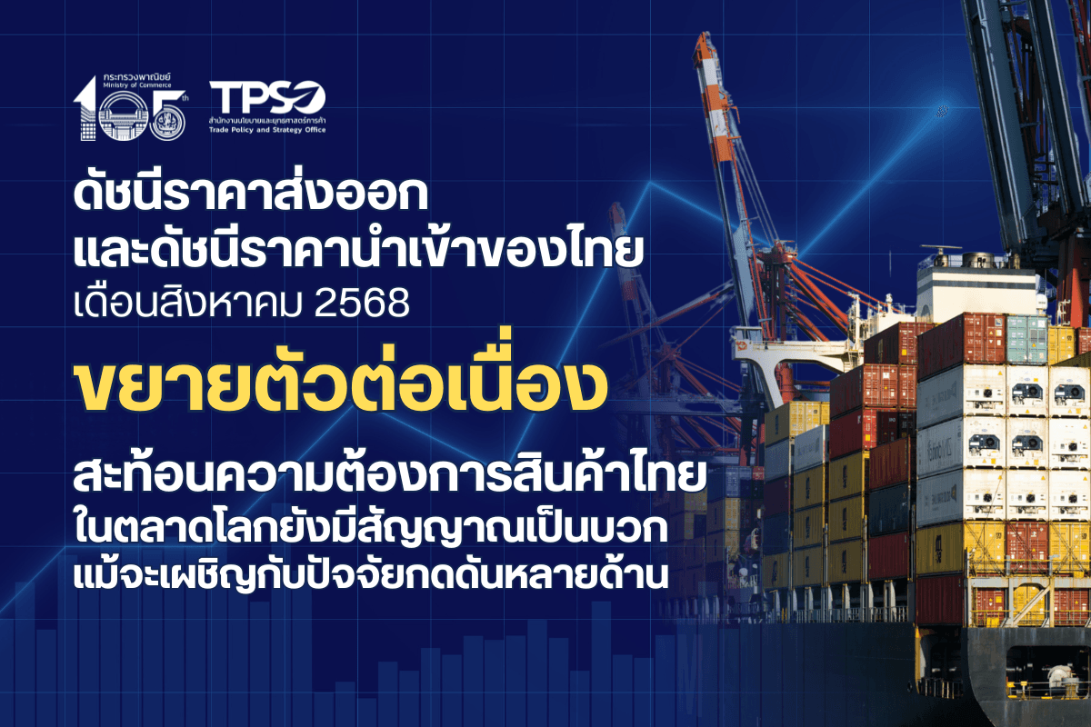 ดัชนีราคาส่งออก และดัชนีราคานำเข้าของไทย เดือนสิงหาคม 2568 ขยายตัวต่อเนื่อง สะท้อนความต้องการสินค้าไทยในตลาดโลกยังมีสัญญาณเป็นบวก แม้จะเผชิญกับปัจจัยกดดันหลายด้าน