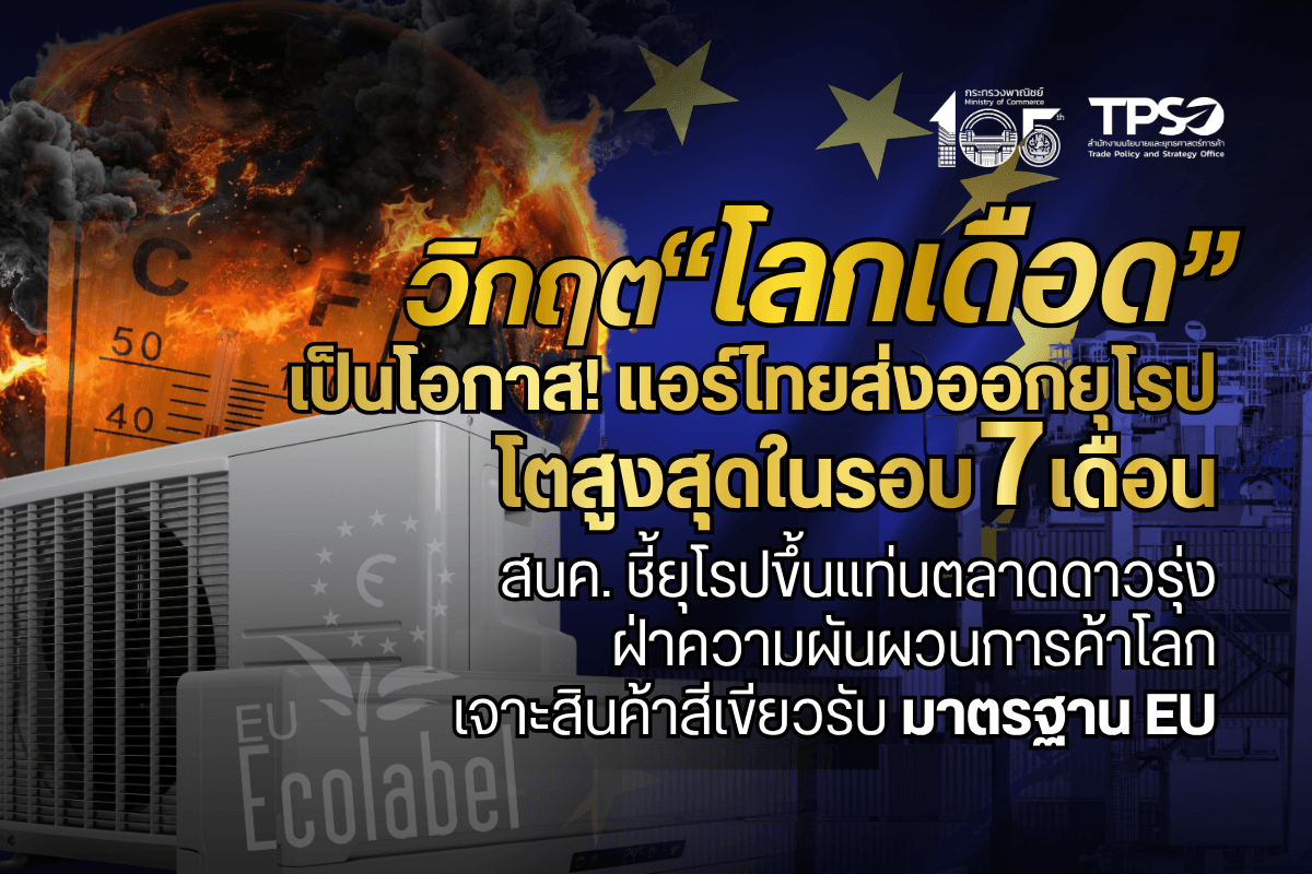<p><strong>ดาวน์โหลดข้อมูลฉบับเต็ม:&nbsp;</strong><a href="https://uploads.tpso.go.th/editor/pdf/1784684474_48ea271a60b13b32f02b.pdf" target="_blank">1784684474_48ea271a60b13b32f02b.pdf</a></p>

<p><strong><em>&nbsp; &nbsp; &nbsp; &nbsp; &nbsp; สำนักงานนโยบายและยุทธศาสตร์การค้า (สนค.) กระทรวงพาณิชย์ เผยการส่งออกเครื่องปรับอากาศและส่วนประกอบของไทยไปทวีปยุโรปเดือนพฤษภาคม 2569 ขยายตัวสูงถึงร้อยละ 40.7 สูงสุดในรอบ 7 เดือน รับอานิสงส์คลื่นความร้อนที่มาเร็วและรุนแรงเป็นประวัติการณ์ในยุโรป ขณะที่โครงสร้างตลาดยุโรปซึ่งครัวเรือนมีเครื่องปรับอากาศเพียงราว 1 ใน 5 ยังเปิดพื้นที่การเติบโตระยะยาว พร้อมแนะผู้ประกอบการเจาะกลุ่มสินค้าประหยัดพลังงานรับกฎระเบียบสีเขียวของยุโรป</em></strong></p>

<p>&nbsp; &nbsp; &nbsp; &nbsp; &nbsp; <strong>นายนันทพงษ์ จิระเลิศพงษ์ ผู้อำนวยการสำนักงานนโยบายและยุทธศาสตร์การค้า (สนค.)</strong> เปิดเผยว่า การส่งออกเครื่องปรับอากาศและส่วนประกอบของไทยไปทวีปยุโรปในเดือนพฤษภาคม 2569 มีมูลค่า 148.6 ล้านดอลลาร์สหรัฐ ขยายตัวร้อยละ 40.7 เมื่อเทียบกับเดือนเดียวกันของปีก่อน เร่งตัวขึ้นอย่างชัดเจนจากเดือนเมษายนที่ขยายตัวร้อยละ 8.5 และเป็นอัตราการขยายตัวสูงสุดในรอบ 7 เดือน (นับตั้งแต่ ต.ค. 68) ส่งผลให้การส่งออกในช่วง 5 เดือนแรกของปี 2569 มีมูลค่ารวม 783.9 ล้านดอลลาร์สหรัฐ ขยายตัวร้อยละ 18.9 โดยสินค้าส่งออกสำคัญที่ขยายตัวโดดเด่นในเดือนพฤษภาคม ได้แก่ เครื่องปรับอากาศแบบเปลี่ยนวงจรความเย็นหรือวงจรความร้อน (กลุ่มปั๊มความร้อน) ขยายตัวร้อยละ 70.6 ส่วนประกอบของเครื่องปรับอากาศ ขยายตัวร้อยละ 49.6 และแบบติดหน้าต่างหรือฝาผนัง ขยายตัวร้อยละ 21.6</p>

<p>&nbsp; &nbsp; &nbsp; &nbsp; &nbsp; <strong>ผอ.สนค. กล่าวว่า ปัจจัยสำคัญมาจากคลื่นความร้อน (Heat Wave) ที่รุนแรงและเกิดขึ้นเร็วกว่าปกติ</strong> โดยเฉพาะในยุโรปตะวันตกช่วงเดือนพฤษภาคม 2569 จากปรากฏการณ์โดมความร้อน (Heat Dome) ที่ปกคลุมพื้นที่อย่างต่อเนื่อง ทำให้อุณหภูมิเฉลี่ยรายวันในหลายพื้นที่สูงกว่าค่าปกติมากกว่า 10 องศาเซลเซียส โดยโปรตุเกส&nbsp;สหราชอาณาจักร และไอร์แลนด์ ต่างบันทึกอุณหภูมิเดือนพฤษภาคมสูงสุดเท่าที่เคยตรวจวัด และฝรั่งเศสมีวันที่ร้อนที่สุดของเดือนพฤษภาคมเป็นประวัติการณ์ ขณะที่ยุโรปตะวันตกและตอนกลาง รวมถึงบางภูมิภาคของยุโรปตะวันออกต่างประสบกับสภาพอากาศแห้งแล้งกว่าปกติ<sup>1</sup> สภาพอากาศที่ร้อนจัดผิดปกติเช่นนี้ ประกอบกับการคาดการณ์ล่วงหน้าว่าฤดูร้อนปีนี้จะร้อนกว่าปกติ กระตุ้นให้ผู้นำเข้าและผู้ค้าปลีกยุโรปเร่งสั่งซื้อสินค้าล่วงหน้า เพื่อรองรับอุปสงค์ในช่วงจุดสูงสุดของฤดูร้อน (มิถุนายน-สิงหาคม)</p>

<p>&nbsp; &nbsp; &nbsp; &nbsp; &nbsp; <strong>เมื่อพิจารณารายประเทศ พบว่า ตลาดหลักในทวีปยุโรปส่วนใหญ่ขยายตัวสอดคล้องกับสภาพอากาศที่ร้อนขึ้นผิดปกติเกือบทั่วทั้งภูมิภาค</strong> โดยเยอรมนีเป็นตลาดส่งออกอันดับหนึ่ง มูลค่า 30.8 ล้านดอลลาร์สหรัฐ ขยายตัวสูงถึงร้อยละ 89.6 ตามด้วยฝรั่งเศส (ขยายตัวร้อยละ 50.9) สหราชอาณาจักร (ร้อยละ 58.2) และสเปน (ร้อยละ 42.2) นอกจากนี้กลุ่มตลาดยุโรปเหนือขยายตัวในอัตราสูงต่อเนื่องมาตั้งแต่ต้นปี อาทิ ฟินแลนด์ (ร้อยละ 366.6) และสวีเดน (ร้อยละ 177.3) สะท้อนการเปลี่ยนแปลงเชิงโครงสร้างของตลาดที่มีอัตราการครอบครองเครื่องปรับอากาศต่ำเพียงประมาณร้อยละ 20 ต่ำกว่าค่าเฉลี่ยครัวเรือนทั่วโลกที่ร้อยละ 37 ในปี 2565<sup>2</sup></p>

<p>&nbsp; &nbsp; &nbsp; &nbsp; &nbsp; <strong>สำหรับแนวโน้มระยะถัดไป ประเมินว่าอุปสงค์เครื่องปรับอากาศในยุโรปมีแนวโน้มยังคงแข็งแกร่งต่อเนื่องในไตรมาสที่ 3</strong> เนื่องจากยุโรปเผชิญคลื่นความร้อนระลอกใหม่ที่รุนแรงยิ่งขึ้นในช่วงปลายเดือนมิถุนายน โดยหลายประเทศยังคงทำลายสถิติอุณหภูมิสูงสุด ใกล้ระดับ 40 องศาเซลเซียส ประกอบกับการคาดการณ์ฤดูกาลขององค์การอุตุนิยมวิทยาโลก (WMO) ช่วงเดือนกรกฎาคมถึงกันยายน 2569 ที่ชี้ว่าอุณหภูมิในทวีปยุโรปมีแนวโน้มสูงกว่าค่าปกติต่อเนื่อง โดยเฉพาะยุโรปใต้และยุโรปกลาง จากภาวะเอลนีโญที่กำลังทวีกำลัง<sup>3</sup> ปัจจัยเหล่านี้ส่งผลให้สินค้าคงคลังของผู้ค้าปลีกยุโรปถูกระบายออกอย่างรวดเร็ว และมีแนวโน้มสั่งซื้อเพื่อเติมสต็อกอย่างต่อเนื่อง สอดคล้องกับสัญญาณจากผู้ผลิตเครื่องปรับอากาศรายใหญ่ของเอเชียที่รายงานยอดขายในยุโรปเพิ่มขึ้นและคาดว่าอุปสงค์จะแข็งแกร่งตลอดฤดูกาล<sup>4</sup>&nbsp;&nbsp;<strong>นอกจากแรงหนุนในระยะสั้น ตลาดยุโรปยังมีปัจจัยเชิงโครงสร้างที่เอื้อต่อการเติบโตในระยะยาว</strong> โดยทวีปยุโรปเป็นทวีปที่อุณหภูมิเพิ่มขึ้นรวดเร็วที่สุดในโลก เพิ่มขึ้นประมาณ 0.53 องศาเซลเซียสต่อทศวรรษนับตั้งแต่กลางปี ค.ศ. 1990 หรือมากกว่า 2 เท่าของค่าเฉลี่ยโลก<sup>5</sup> ในขณะที่อัตราการครอบครองเครื่องปรับอากาศของครัวเรือนยังอยู่ในระดับต่ำ ประกอบกับนโยบายของสหภาพยุโรปที่ส่งเสริมระบบปั๊มความร้อน (Heat Pump) ซึ่งใช้งานได้ทั้งฤดูร้อนและฤดูหนาว ทำให้เครื่องปรับอากาศในภูมิภาคยุโรปกำลังเปลี่ยนสถานะจาก &ldquo;สินค้าฟุ่มเฟือยเป็นสินค้าจำเป็น&rdquo; ซึ่งเป็นโอกาสสำคัญของผู้ส่งออกไทยในการขยายตลาดอย่างต่อเนื่อง&nbsp;</p>

<p>&nbsp; &nbsp; &nbsp; &nbsp; &nbsp; <strong>ด้วยแนวโน้มดังกล่าว ผอ.สนค. มองว่าทวีปยุโรปกำลังก้าวขึ้นเป็นตลาดที่มีความสำคัญเชิงยุทธศาสตร์มากขึ้น และช่วยกระจายความเสี่ยงด้านการส่งออกของไทยในภาวะที่การพึ่งพาตลาดหลักบางแห่งมีความไม่แน่นอนสูงขึ้น</strong> สะท้อนได้จากสัดส่วนของทวีปยุโรปต่อการส่งออกสินค้ากลุ่มนี้ไปตลาดโลกที่ปรับเพิ่มขึ้นจากร้อยละ 19.4 ในเดือนมกราคม เป็นร้อยละ 23.8 ในเดือนพฤษภาคม 2569 และสัดส่วนดังกล่าวสูงกว่าเดือนพฤษภาคมของ 3 ปีก่อนหน้าอย่างชัดเจน (ร้อยละ 21.4 18.2 และ 16.0 ในปี 2566-2568) อย่างไรก็ตาม การเติบโตของตลาด<strong>ยุโรปมีเงื่อนไขเชิงนโยบายด้านสิ่งแวดล้อมกำกับอยู่</strong> โดยเฉพาะเมื่อตลาดหลักในทวีปยุโรปส่วนใหญ่เป็นสมาชิกสหภาพยุโรป (EU) ซึ่งมีมาตรฐานด้านสิ่งแวดล้อมที่เข้มงวดและมักเป็นบรรทัดฐานให้ประเทศอื่นในภูมิภาค ดังนั้น ผู้ประกอบการไทยจึงควรมุ่งพัฒนาสินค้ากลุ่มประหยัดพลังงานประสิทธิภาพสูงและระบบ Heat Pump ที่สอดรับกับนโยบายด้านพลังงานและลดคาร์บอนของ EU พร้อมติดตามกฎระเบียบด้านสิ่งแวดล้อมที่เข้มงวดขึ้น โดยเฉพาะการทยอยจำกัดการใช้สารทำความเย็นที่ก่อให้เกิดภาวะโลกร้อนสูง และควรยกระดับการแข่งขันจากด้านราคาสู่ด้านคุณภาพ ประสิทธิภาพพลังงาน และมาตรฐานสิ่งแวดล้อม เพื่อสร้างมูลค่าเพิ่มที่ยั่งยืนในตลาดที่ผู้บริโภคให้ความสำคัญกับความยั่งยืนมากขึ้น</p>

<p>&nbsp; &nbsp; &nbsp; &nbsp; &nbsp; ผอ.สนค. กล่าวทิ้งท้ายว่า <strong>อากาศร้อนจัดในยุโรปไม่ใช่เหตุการณ์ชั่วคราว แต่กำลังกลายเป็นความปกติใหม่ของภูมิภาค ไทยในฐานะผู้ส่งออกเครื่องปรับอากาศรายใหญ่ ควรใช้จังหวะนี้เร่งเจาะตลาดยุโรปที่ยังมีช่องว่างการเติบโตสูง พร้อมพัฒนาสินค้าและเครื่องปรับอากาศประหยัดพลังงานให้สอดรับมาตรฐานด้านสิ่งแวดล้อมของสหภาพยุโรป เพื่อเปลี่ยน &ldquo;โลกเดือด&rdquo; ให้เป็น &ldquo;โอกาสทอง&rdquo;</strong> ของอุตสาหกรรมไทยอย่างยั่งยืน</p>

<hr />
<p><sup>1</sup> https://climate.copernicus.eu/surface-air-temperature-may-2026<br />
<sup>2</sup> https://www.wri.org/insights/europes-heat-and-air-conditioning-dilemma<br />
<sup>3</sup> https://wmo.int/media/update/global-seasonal-climate-update-july-august-september-2026<br />
<sup>4</sup> https://www.cnn.com/2026/06/25/asia/europe-heat-wave-air-conditioning-intl-hnk<br />
<sup>5</sup> https://climate.copernicus.eu/why-are-europe-and-arctic-heating-faster-rest-world</p>
