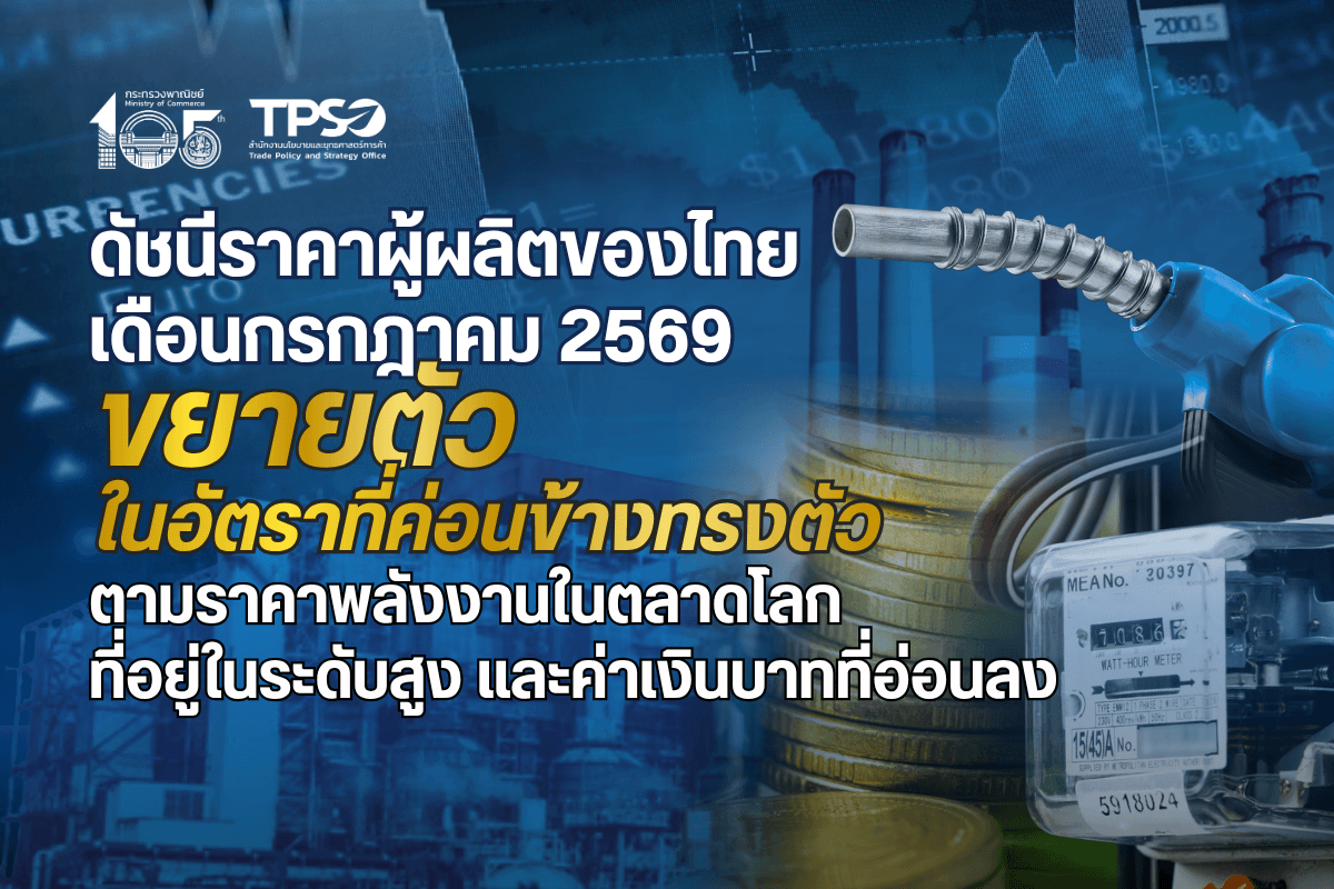 ดัชนีราคาผู้ผลิตของไทย เดือนกรกฎาคม 2569 ขยายตัวในอัตราที่ค่อนข้างทรงตัว ตามราคาพลังงานในตลาดโลกที่อยู่ในระดับสูง และค่าเงินบาทที่อ่อนลง