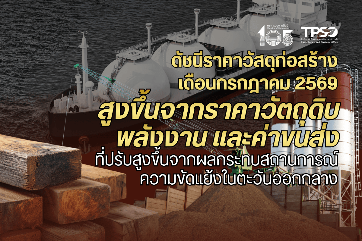 ดัชนีราคาวัสดุก่อสร้างเดือนกรกฎาคม 2569 สูงขึ้นจากราคาวัตถุดิบ พลังงาน และค่าขนส่งที่ปรับสูงขึ้นจากผลกระทบสถานการณ์ความขัดแย้งในตะวันออกกลาง