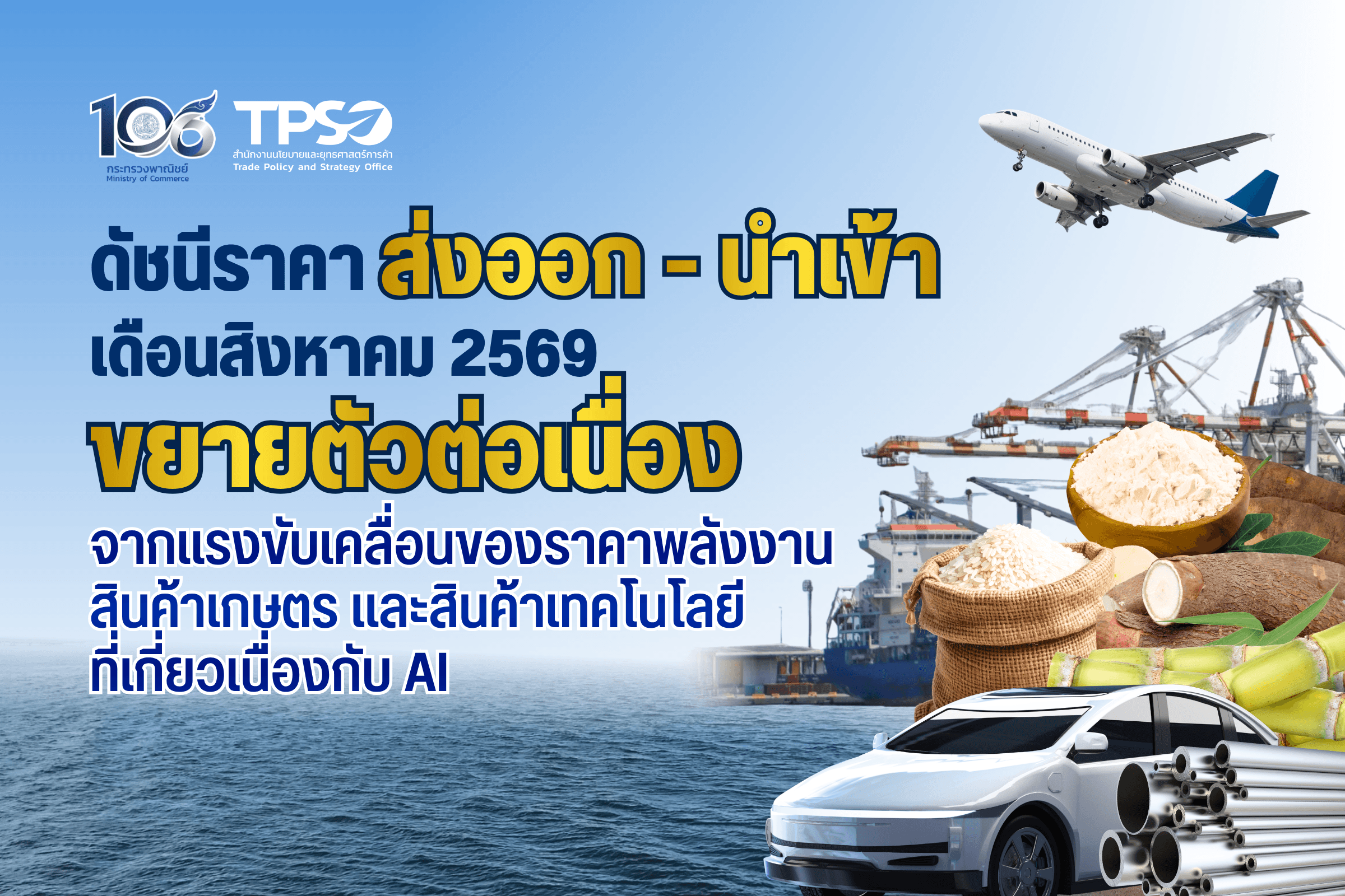<p><strong>ดาวน์โหลดข้อมูลฉบับเต็ม: </strong><a href="https://uploads.tpso.go.th/editor/pdf/1791772816_ef18a5783ae9737d06f9.pdf" target="_blank">1791772816_ef18a5783ae9737d06f9.pdf</a></p>
<p> สำนักงานนโยบายและยุทธศาสตร์การค้า (สนค.) เผยว่า <strong>ดัชนีราคาส่งออก และดัชนีราคานำเข้าของไทย เดือนสิงหาคม 2569 เมื่อเทียบกับเดือนเดียวกันของปีก่อน ขยายตัวอย่างต่อเนื่อง โดยได้รับปัจจัยสนับสนุนจากราคาพลังงานโลกที่เพิ่มขึ้นตามความกังวลด้านอุปทานในตะวันออกกลางและข้อจำกัดในการขนส่งน้ำมัน ภาวะอุปทานตึงตัวของสินค้าเกษตรและวัตถุดิบจากข้อจำกัดด้านการผลิตและสภาพอากาศ รวมถึงอุปสงค์โลกที่ยังขยายตัว โดยเฉพาะในกลุ่มเทคโนโลยีปัญญาประดิษฐ์ (AI) อิเล็กทรอนิกส์ และสินทรัพย์ปลอดภัยอย่างทองคำ</strong> โดยมีรายละเอียด ดังนี้</p>
<p> <strong> ดัชนีราคาส่งออก เดือนสิงหาคม 2569 เท่ากับ 114.7 เมื่อเทียบกับเดือนเดียวกันของปีก่อน ขยายตัวเพิ่มขึ้นร้อยละ 3.2 (YoY) โดยเป็นผลจากแรงหนุนของราคาสินค้าในหลายหมวดสำคัญ โดยเฉพาะสินค้าแร่และเชื้อเพลิง ที่ได้รับผลกระทบจากความกังวลด้านอุปทานของพลังงานโลก ขณะที่สินค้าเกษตรและอุตสาหกรรม ได้รับแรงสนับสนุนจากภาวะอุปทานตึงตัวและอุปสงค์โลกที่ยังแข็งแกร่ง รวมถึงความต้องการสินค้าเทคโนโลยีและสินทรัพย์ปลอดภัยที่เพิ่มขึ้น ส่งผลให้ดัชนีราคาส่งออกปรับสูงขึ้นในทุกหมวดสินค้า ประกอบด้วย หมวดสินค้าแร่และเชื้อเพลิง สูงขึ้นร้อยละ 36.2 </strong>ได้แก่ <u>น้ำมันสำเร็จรูป</u> และ<u>น้ำมันดิบ</u> ขยายตัวตามทิศทางราคาน้ำมันในตลาดโลกที่ปรับสูงขึ้นจากความกังวลด้านอุปทาน หลังเกิดการโจมตีโรงกลั่นและโครงสร้างพื้นฐานด้านพลังงานในตะวันออกกลางและรัสเซีย <strong>หมวดสินค้าเกษตรกรรม สูงขึ้นร้อยละ 7.2</strong> จากการปรับสูงขึ้นของราคา<u>มันสำปะหลัง</u> ตามราคามันเส้นและแป้งมันส่งออกที่ปรับสูงขึ้น และ<u>ข้าว</u> <u>ยางพารา</u> และ<u>ไก่</u> ราคาปรับสูงขึ้นตามภาวะอุปทานตึงตัวจากปัจจัยด้านสภาพอากาศ และความต้องการจากตลาดต่างประเทศที่เพิ่มขึ้น <strong>หมวดสินค้าอุตสาหกรรม สูงขึ้นร้อยละ 2.0</strong> อาทิ เครื่องอิเล็กทรอนิกส์ จากการขยายตัวของอุตสาหกรรมที่เกี่ยวเนื่องกับปัญญาประดิษฐ์ (AI) และข้อจำกัดด้านอุปทานของตลาดหน่วยความจำ ขณะที่ทองคำ ได้รับแรงหนุนจากความต้องการถือครองสินทรัพย์ปลอดภัย และการคาดการณ์ทิศทางอัตราดอกเบี้ยของสหรัฐฯ ที่ผ่อนคลายลง สำหรับ<u>เครื่องใช้ไฟฟ้า</u> และ<u>รถยนต์ อุปกรณ์และส่วนประกอบ</u> ราคาปรับสูงขึ้นตามอุปสงค์ในตลาดโลกที่ยังเพิ่มขึ้น จากความต้องการเครื่องปรับอากาศ การลงทุนด้านศูนย์ข้อมูล (Data Center) และความต้องการรถยนต์ในตลาดส่งออกสำคัญ <strong>หมวดสินค้าอุตสาหกรรมการเกษตร สูงขึ้นร้อยละ 0.7</strong> จากการสูงขึ้นของ<u>อาหารทะเลกระป๋องและแปรรูป</u> ตามราคาวัตถุดิบปลาทูน่าที่สูงขึ้น <u>อาหารสัตว์เลี้ยง</u> โดยเฉพาะ<u>อาหารสุนัขและแมว</u> ตามอุปสงค์โลกที่ขยายตัวต่อเนื่อง <u>ไขมันและน้ำมันจากพืชและสัตว์</u> ตามทิศทางราคาน้ำมันพืชในตลาดโลกที่ปรับสูงขึ้น และ<u>น้ำตาลทราย</u> ตามความกังวลต่อภาวะอุปทานตึงตัว ความเสี่ยงด้านสภาพอากาศ และการนำอ้อยไปผลิตเอทานอลมากขึ้น</p>
<p> <strong>ดัชนีราคานำเข้า เดือนสิงหาคม 2569 เท่ากับ 127.9 เมื่อเทียบกับเดือนเดียวกันของปีก่อน ขยายตัวเพิ่มขึ้นร้อยละ 10.4 (YoY) โดยได้รับปัจจัยสนับสนุนจากการนำเข้าสินค้าทุน วัตถุดิบและสินค้ากึ่งสำเร็จรูป เพื่อรองรับการผลิตและส่งออก โดยเฉพาะการนำเข้าสินค้าในกลุ่มเครื่องจักร อุปกรณ์ไฟฟ้า อิเล็กทรอนิกส์ สินแร่โลหะ และเคมีภัณฑ์ รวมถึงราคาน้ำมันขยายตัวในระดับสูง ตามทิศทางราคาพลังงานในตลาดโลก ส่งผลให้ดัชนีราคานำเข้าปรับสูงขึ้นทุกหมวดสินค้า ประกอบด้วย หมวดสินค้าเชื้อเพลิง สูงขึ้นร้อยละ 30.6</strong> จากราคา<u>น้ำมันดิบ และน้ำมันสำเร็จรูป</u> เป็นผลจากความกังวลด้านอุปทานน้ำมันในตลาดโลก หลังความตึงเครียดระหว่างสหรัฐฯและอิหร่านมีความรุนแรงขึ้น ส่งผลให้เกิดความเสี่ยงต่อการขนส่งน้ำมันผ่านช่องแคบฮอร์มุซ <strong>หมวดสินค้าวัตถุดิบและกึ่งสำเร็จรูป สูงขึ้นร้อยละ 10.0</strong> จากราคา<u>ทองคำ</u> ตามการอ่อนค่าของเงินดอลลาร์สหรัฐ และธนาคารกลางหลายแห่งหันมาถือครองสินทรัพย์ปลอดภัยเพิ่มขึ้น เพื่อรักษาเงินทุนและกระจายความเสี่ยง <u>อุปกรณ์ ส่วนประกอบเครื่องใช้ไฟฟ้าและอิเล็กทรอนิกส์</u> ตามวัฏจักรขาขึ้นของอุตสาหกรรมอิเล็กทรอนิกส์โลกและความต้องการลงทุนด้าน AI และ Data Center ที่เพิ่มขึ้น <u>สินแร่โลหะอื่น ๆ เศษโลหะและผลิตภัณฑ์ และเคมีภัณฑ์</u> ตามความต้องการใช้เป็นวัตถุดิบในภาคอุตสาหกรรม โดยเฉพาะอุตสาหกรรมโลหะ อิเล็กทรอนิกส์ ปิโตรเคมี พลาสติก และอุตสาหกรรมต่อเนื่อง <strong>หมวดสินค้าอุปโภคบริโภค สูงขึ้นร้อยละ 6.0</strong> จาก<u>เครื่องใช้ไฟฟ้าในบ้าน ผลิตภัณฑ์เวชกรรมและเภสัชกรรม และเสื้อผ้า รองเท้าและผลิตภัณฑ์สิ่งทออื่น ๆ</u> ตามต้นทุนการผลิต และราคาวัตถุดิบที่ยังอยู่ในระดับสูง <strong>หมวดสินค้าทุน สูงขึ้นร้อยละ 4.2</strong> จาก<u>เครื่องจักรไฟฟ้าและส่วนประกอบ</u> <u>เครื่องคอมพิวเตอร์ อุปกรณ์และส่วนประกอบ</u> และ<u>เครื่องจักรกลและส่วนประกอบ</u> ตามการขยายตัวของเทคโนโลยีดิจิทัล ส่งผลให้ความต้องการคอมพิวเตอร์ และอุปกรณ์จัดเก็บข้อมูลเพิ่มขึ้น และ<strong>หมวดยานพาหนะและอุปกรณ์การขนส่ง สูงขึ้นร้อยละ 1.2</strong> จาก<u>รถยนต์โดยสารและรถบรรทุก รถยนต์นั่ง และยานพาหนะอื่น ๆ</u> ตามความต้องการสินค้ากลุ่มยานยนต์ที่ขยายตัวจากการเร่งการลงทุนในอุตสาหกรรมยานยนต์ไฟฟ้า รวมถึงการปรับเพิ่มอัตราภาษีนำเข้ายานยนต์ไฟฟ้า ส่งผลให้ราคาปรับสูงขึ้น</p>
<p> <strong>แนวโน้มดัชนีราคาส่งออก และดัชนีราคานำเข้า เดือนกันยายน 2569 คาดว่ายังคงขยายตัว</strong> โดยมีปัจจัยสนับสนุนหลักจาก 1) การเติบโตของอุตสาหกรรม AI และการลงทุนใน Data Center ซึ่งสนับสนุนความต้องการเซมิคอนดักเตอร์ (ชิป) หน่วยความจำ และอุปกรณ์เทคโนโลยีอย่างต่อเนื่อง 2) ภาวะอุปทานตึงตัวของตลาดหน่วยความจำ ทำให้ราคาสินค้าอิเล็กทรอนิกส์ยังอยู่ในระดับสูง 3) ความต้องการวัตถุดิบอุตสาหกรรมและโลหะ เพื่อรองรับโครงสร้างพื้นฐาน โดยเฉพาะการลงทุนด้าน Data Center พลังงาน และอุปกรณ์ไฟฟ้า จะเป็นปัจจัยสนับสนุนราคาทองแดง อะลูมิเนียม และวัตถุดิบอุตสาหกรรม และ 4) ความไม่แน่นอนทางภูมิรัฐศาสตร์ ส่งผลให้ความต้องการถือครองสินทรัพย์ปลอดภัยเพิ่มขึ้น และเป็นแรงหนุนต่อราคาทองคำ ขณะที่ปัจจัยที่อาจทำให้ดัชนีราคาส่งออก-นำเข้า ขยายตัวต่ำกว่าที่คาด ได้แก่ 1) การชะลอตัวของอุตสาหกรรมเทคโนโลยี และ AI ซึ่งอาจส่งผลให้การลงทุนใน Data Center ความต้องการเซิร์ฟเวอร์สำหรับ AI ชิป และหน่วยความจำลดลง และ 2) อุปสงค์โลกที่อ่อนแอลง โดยเฉพาะการชะลอตัวของเศรษฐกิจจีน และภาวะอุปทานส่วนเกินในบางอุตสาหกรรม ซึ่งอาจส่งผลให้ราคาพลังงาน เคมีภัณฑ์ โลหะอุตสาหกรรม และวัตถุดิบที่เกี่ยวข้องปรับตัวลดลง<br />
</p>